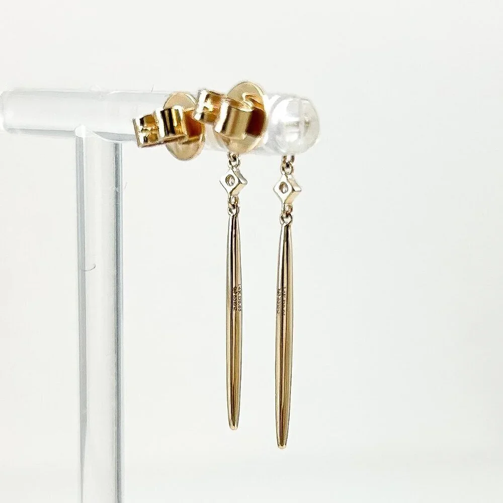 14k Yellow Gold Spike Dangle Earrings w/ Diamond, Post NWT .05ctw